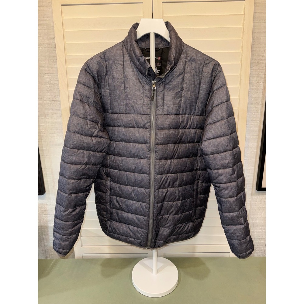 Swiss Tech Puffer Jacket Men Grey Flannel Packable Quilted SM49602YP Size S